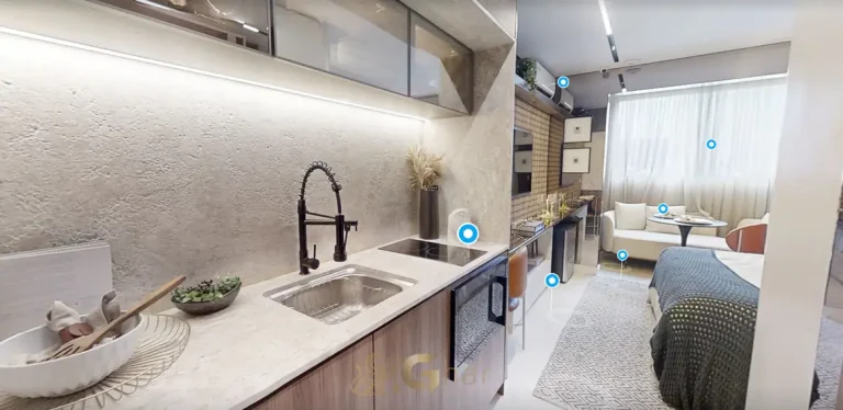 Cozinha do studio decorado de planta compacta em condomínio residencial no bairro da Vila Clementino, na Zona Sul de São Paulo