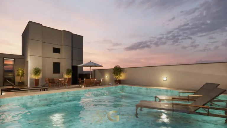 Deck molhado integrado à piscina do condomínio Joy Vila Mariana no bairro da Vila Mariana em São Paulo