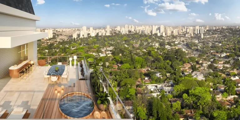 Piso superior da cobertura duplex decorada do condomínio Cyrela Legacy Residences no bairro do Campo Belo em São Paulo