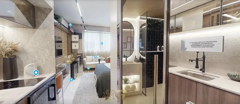 Entrada do studio decorado com proposta funcional em apartamentos no bairro da Vila Clementino, São Paulo