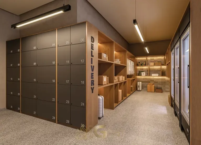 Espaço de recebimento de delivery do condomínio Town Residences by Lindenberg no bairro do Brooklin em São Paulo