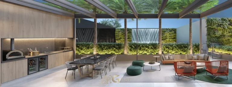 Espaço gourmet externo para receber convidados em condomínio residencial no Campo Belo na Zona Sul de São Paulo