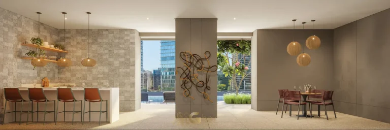 Espaço gourmet próximo à piscina em apartamentos no Brooklin São Paulo