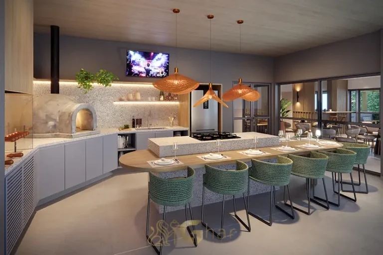 Espaço gourmet destinado à convivência do condomínio Praça Kant Chácara Klabin no bairro da Chácara Klabin em São Paulo