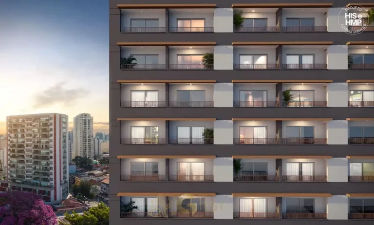 Detalhes arquitetônicos da fachada em segundo enquadramento do condomínio New: Time Smart no bairro da Vila Mariana, São Paulo