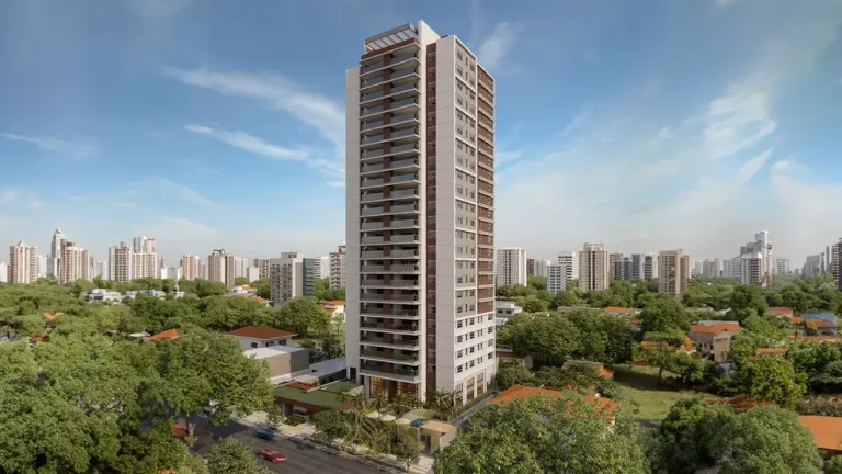 Fachada contemporânea da torre única em apartamentos no Campo Belo, São Paulo