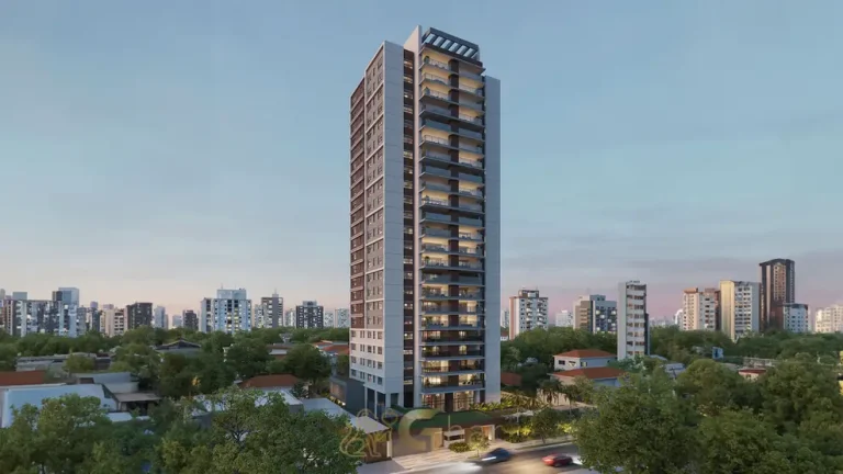 Fachada noturna da torre residencial em condomínio residencial no Campo Belo, na Zona Sul de São Paulo