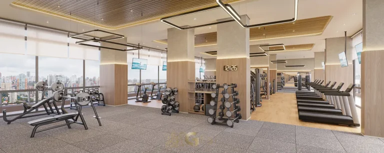 Fitness center com equipamentos Technogym do condomínio Town Residences by Lindenberg no bairro do Brooklin em São Paulo