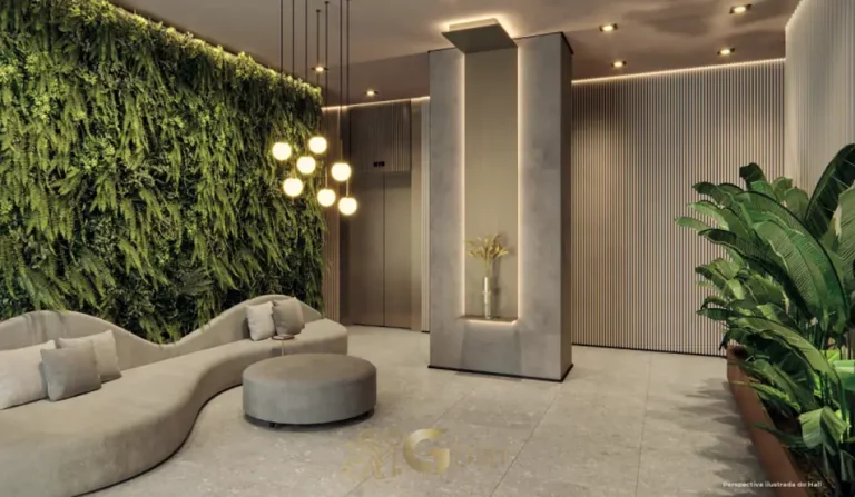 Hall de entrada contemporâneo em apartamentos na Nova Klabin, São Paulo