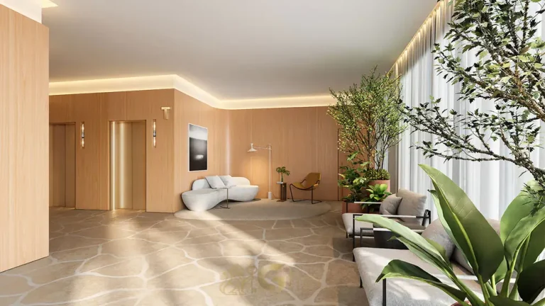 Hall social com recepção e acesso aos elevadores do condomínio Triu 1722 no bairro do Campo Belo, São Paulo