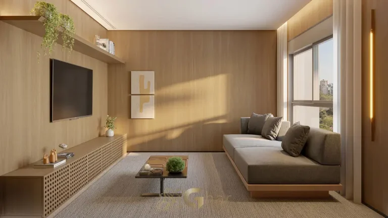 Home theater no apartamento decorado em apartamentos no Campo Belo, São Paulo