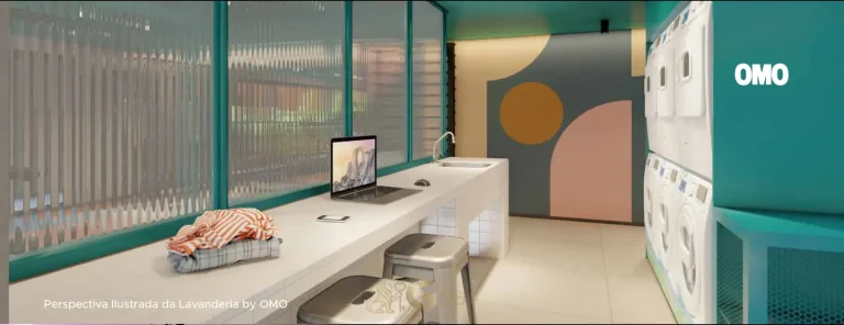 Lavanderia compartilhada para uso diário do condomínio Nurban Ibirapuera no bairro do Ibirapuera, São Paulo