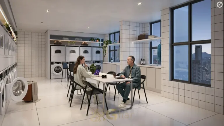 Lavanderia compartilhada para os studios em condomínio residencial no bairro da Vila Mariana, na Zona Sul de São Paulo