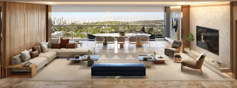 Living do apartamento decorado de 166 m² em condomínio residencial no Campo Belo na Zona Sul de São Paulo