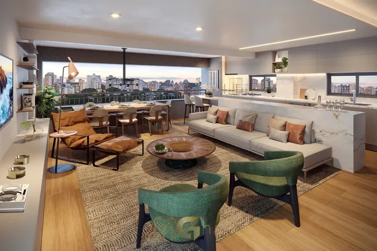 Living do apartamento decorado com área de estar em condomínio residencial na Chácara Klabin na Zona Sul de São Paulo