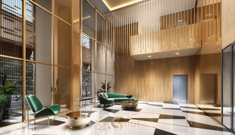 Lobby com pé-direito duplo do condomínio Cyrela Legacy Residences no bairro do Campo Belo em São Paulo