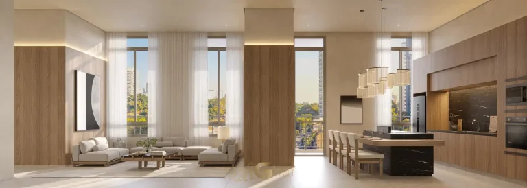 Lounge ligado ao espaço gourmet do condomínio Town Residences by Lindenberg no bairro do Brooklin em São Paulo