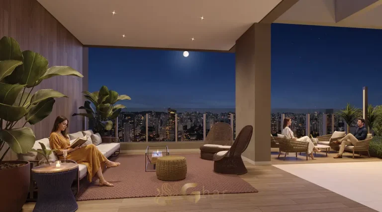 Lounge do rooftop no trigésimo oitavo pavimento em condomínio residencial no Brooklin na Zona Sul de São Paulo