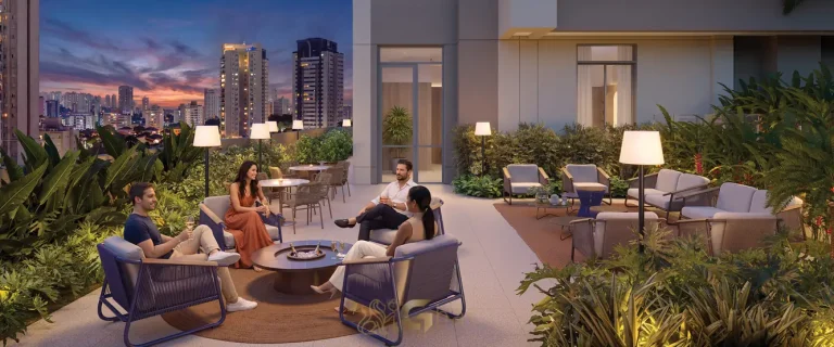 Lounge com terraço de convivência em condomínio residencial no Brooklin na Zona Sul de São Paulo
