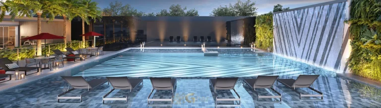 Piscina adulto com deck molhado do condomínio Cyrela Legacy Residences no bairro do Campo Belo em São Paulo