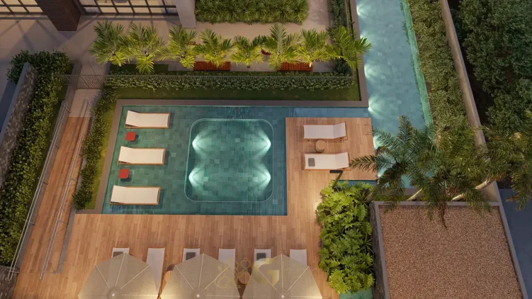 Piscina com deck molhado de lazer do condomínio Edson 1400 no bairro do Campo Belo, em São Paulo