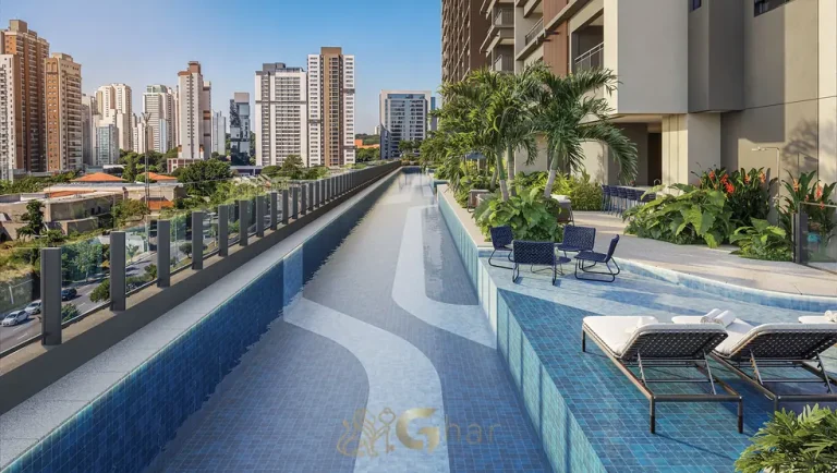 Piscina de lazer com deck molhado em apartamentos no Brooklin São Paulo