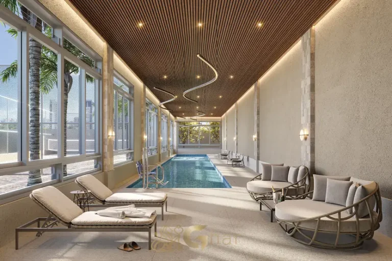 Piscina coberta com raia de 25 metros do condomínio Town Residences by Lindenberg no bairro do Brooklin em São Paulo