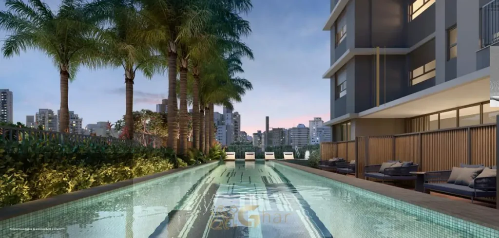 Piscina e área de solarium em apartamentos no Campo Belo São Paulo