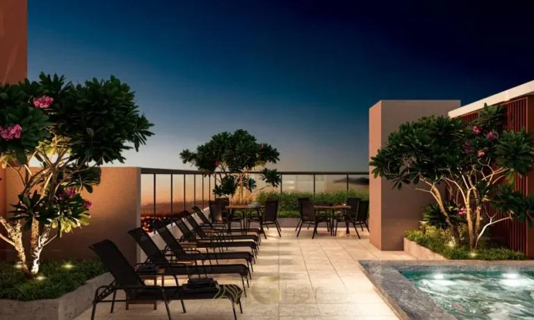 Piscina adulto com solarium no rooftop em condomínio residencial no bairro do Campo Belo, na Zona Sul de São Paulo