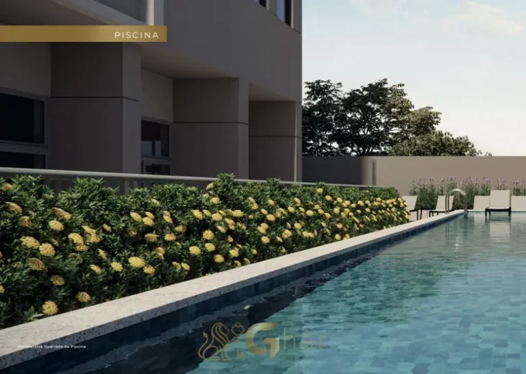 Piscina com área de descanso em apartamentos na Nova Klabin, São Paulo