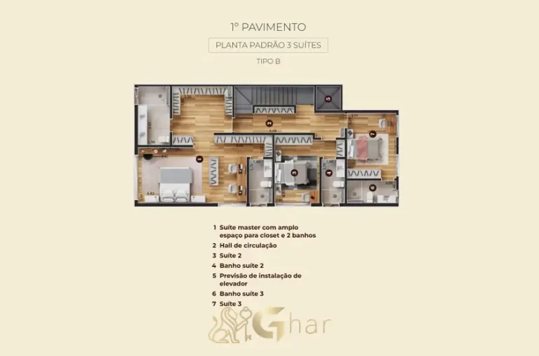 Segunda planta do primeiro pavimento com três suítes do condomínio Casa Jardim Laplace no bairro do Campo Belo em São Paulo