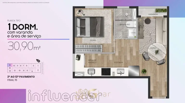 Planta de 1 dormitório de 30,90 m² em apartamentos na Vila Mariana, São Paulo