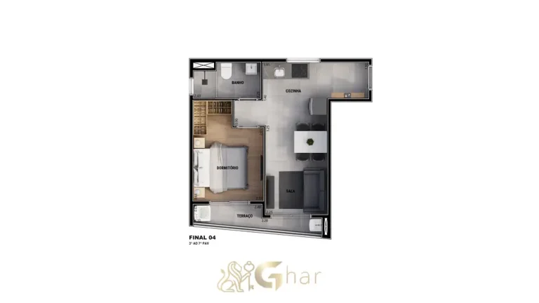 Planta de apartamento de 1 dormitório opção 1 em condomínio residencial no bairro da Vila Mariana, na Zona Sul de São Paulo