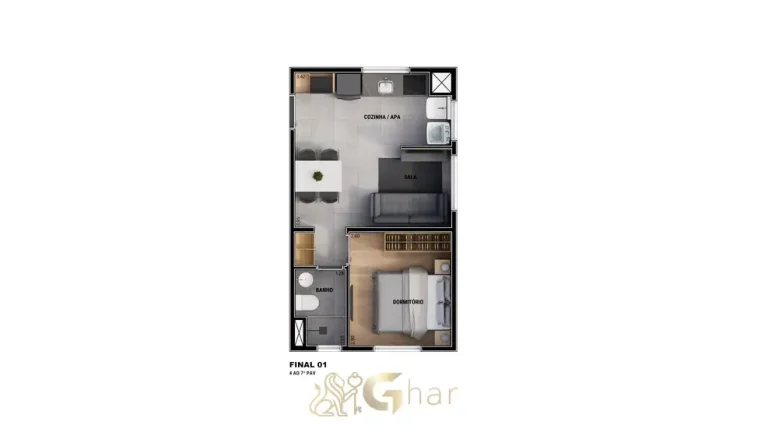 Planta de apartamento de 1 dormitório opção 2 em apartamentos no bairro da Vila Mariana, São Paulo