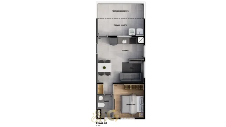 Planta de apartamento de 1 dormitório opção 3 em condomínio residencial no bairro da Vila Mariana, na Zona Sul de São Paulo