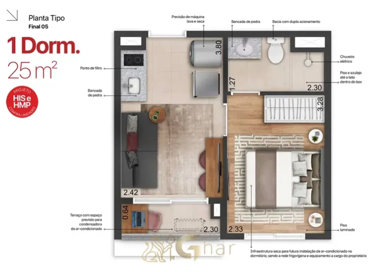 Planta de apartamento de 1 dormitório com 25 m² em condomínio residencial no bairro da Vila Mariana, na Zona Sul de São Paulo