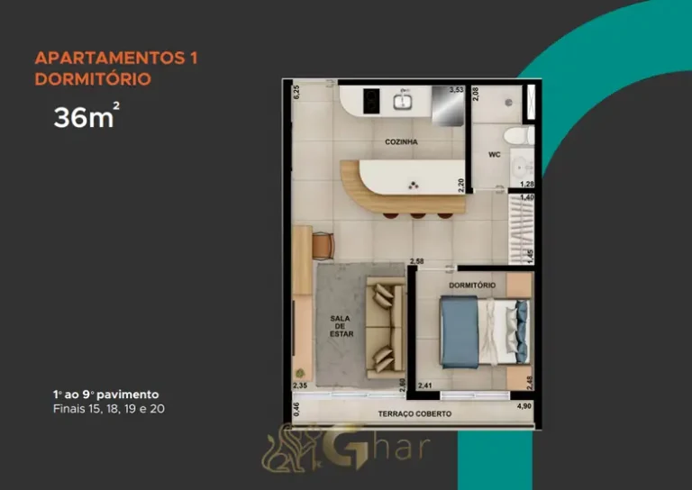Planta de apartamento de um dormitório de 36 m² em apartamentos no bairro do Campo Belo, São Paulo