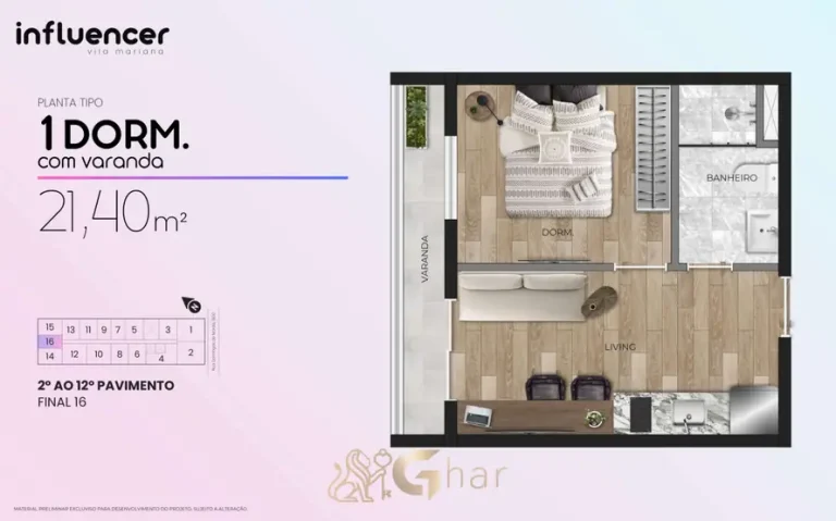 Planta de 1 dormitório com varanda de 21,40 m² do condomínio Influencer Vila Mariana no bairro da Vila Mariana em São Paulo