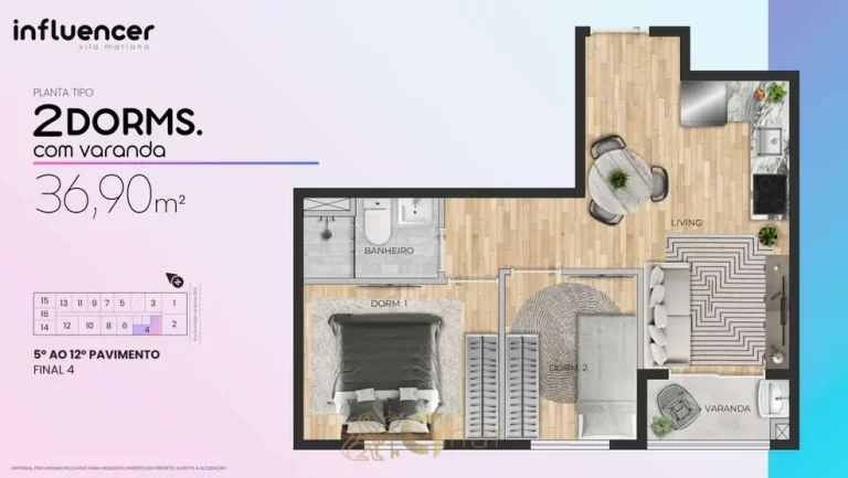 Planta de 2 dormitórios com varanda de 36,90 m² do condomínio Influencer Vila Mariana no bairro da Vila Mariana em São Paulo