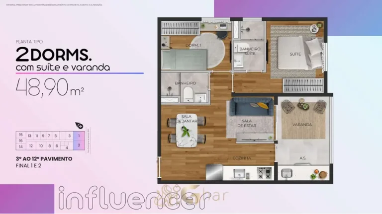 Planta de 2 dormitórios com suíte de 48,90 m² em apartamentos na Vila Mariana, São Paulo