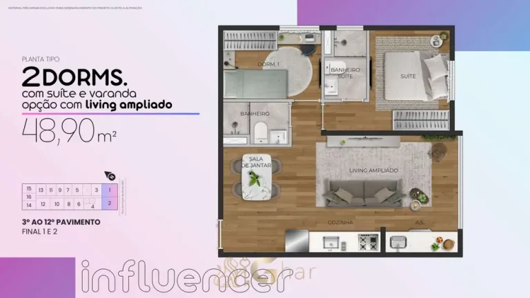 Planta de 2 dormitórios com living ampliado de 48,90 m² em condomínio residencial na Vila Mariana, Zona Sul de São Paulo