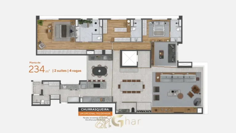 Planta de apartamento de 234 m² com 2 suítes em apartamentos no Campo Belo, São Paulo