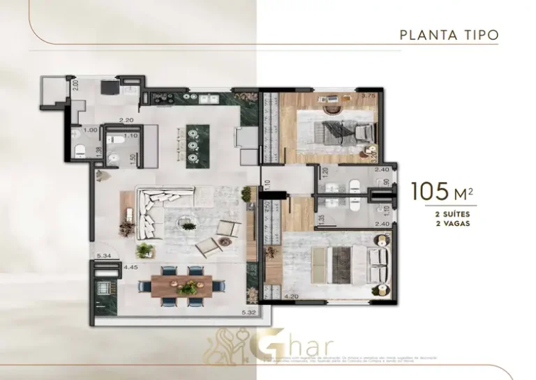 Planta de apartamento de 105 m² com duas suítes do condomínio Lumen Campo Belo no bairro do Campo Belo, São Paulo