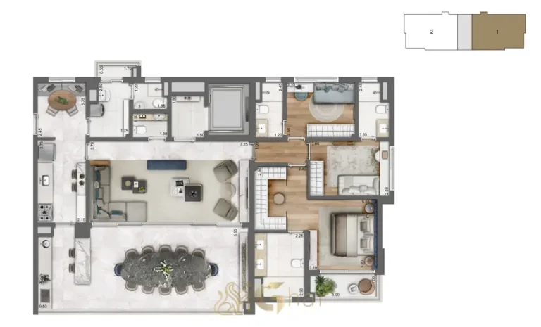 Planta de apartamento com três suítes e 166 m² em condomínio residencial no Campo Belo na Zona Sul de São Paulo