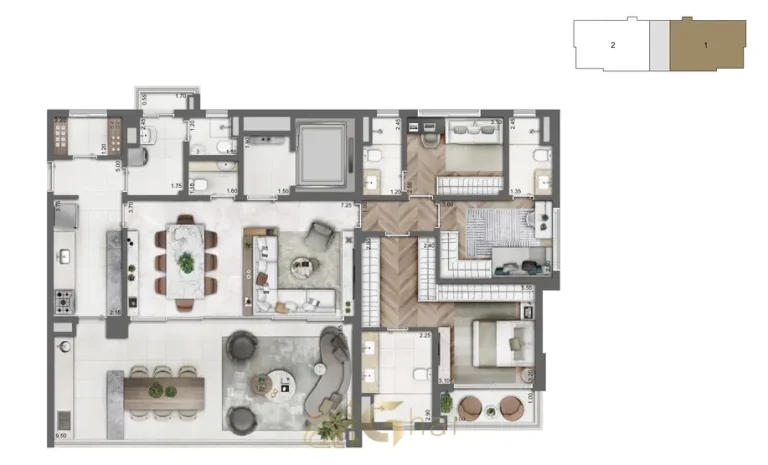 Opção de planta de apartamento de 166 m² do condomínio Cyrela Legacy Residences no bairro do Campo Belo em São Paulo