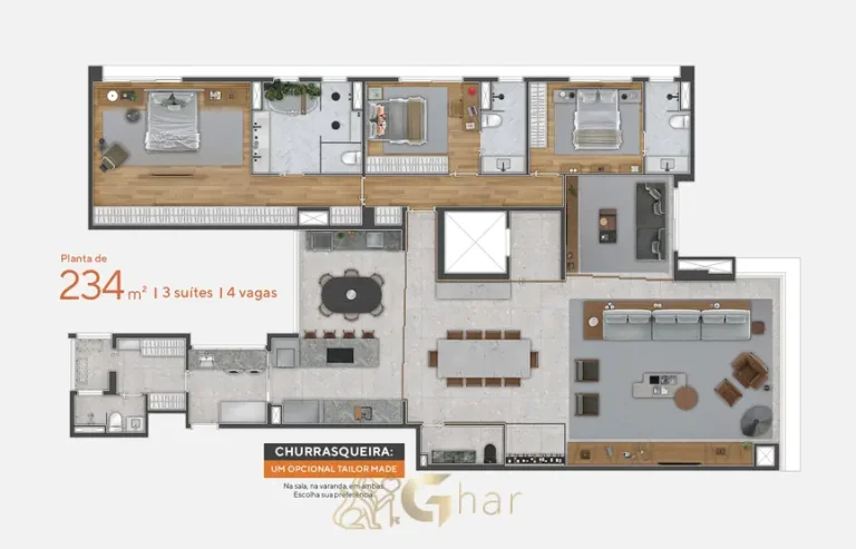 Planta de apartamento de 234 m² com 3 suítes em condomínio residencial no Campo Belo, na Zona Sul de São Paulo
