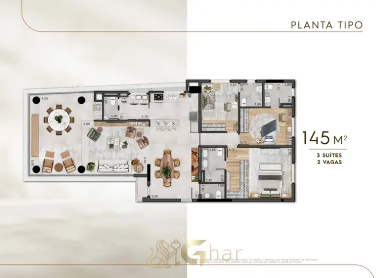 Planta de apartamento de 145 m² com três suítes em condomínio residencial no bairro do Campo Belo, na Zona Sul de São Paulo
