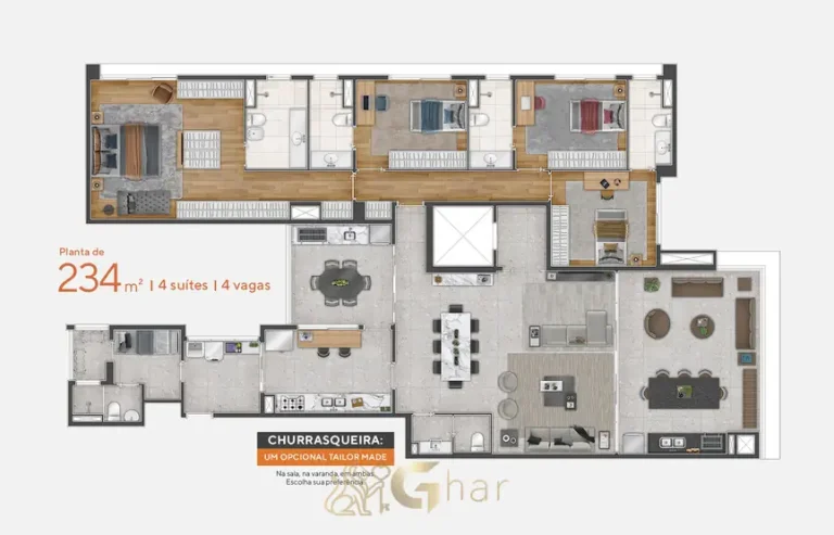 Planta de apartamento de 234 m² com 4 suítes do condomínio Edson 1400 no bairro do Campo Belo, em São Paulo