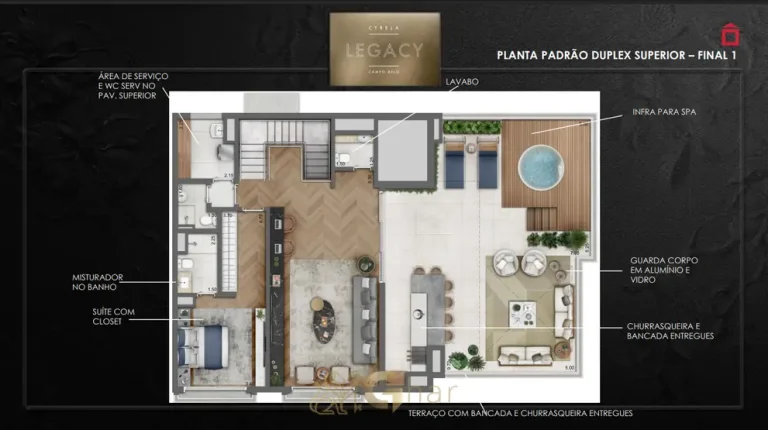 Planta do piso superior da cobertura duplex de 329 m² em condomínio residencial no Campo Belo na Zona Sul de São Paulo