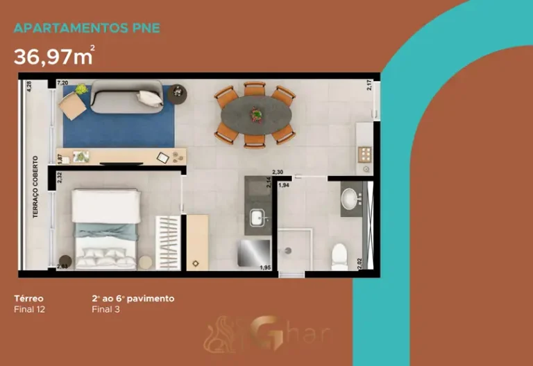Planta da unidade PNE de 36 m² do condomínio Nurban Ibirapuera no bairro do Ibirapuera, São Paulo